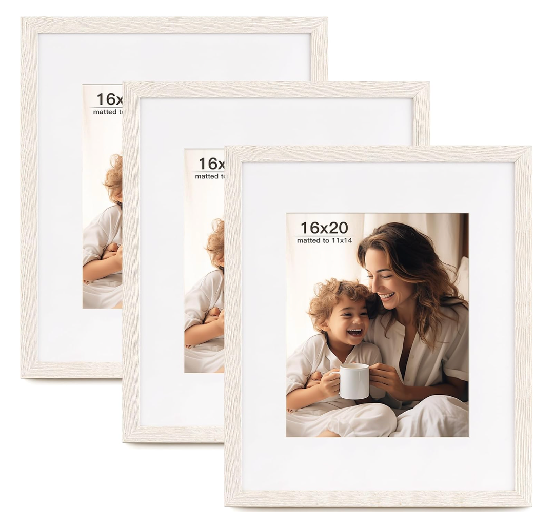 FinalFind 16x20 Picture Frame with Mat for 11x14 Set of 3, Distressed White Wood Grain 16x20 Frames for Horizontal & Vertical Wall Mounting (3 Pack,White)