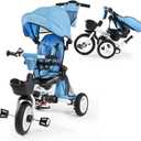 JMMD 8 in 1 Tricycle Stroller with Push Handle, Foldable Trike with 360 Swivel Seat, Reclining Backrest, All-Terrain Wheels, Dual Brakes, Canopy & Storage, Gift for Kids 18 Months to 5 Years, Blue