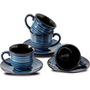 Hasense Ceramic Tea Cups and Saucers, 8oz Cappuccino Cups Set of 4, Espresso Coffee Mugs for Home and Office, Perfect for Coffee, Cappuccino, Latte, Americano, Milk and Tea - Grey Brown