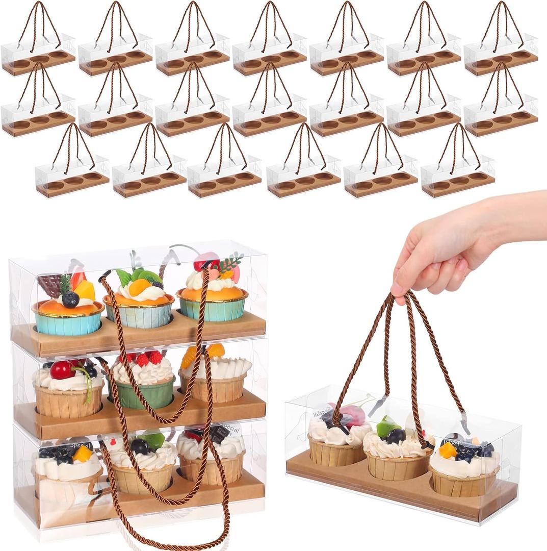 Thenshop 20 Pcs 9 x 3 x 3 Inch Clear Cupcake Boxes with Handle and Inserts 3 Count Portable Pastry Packaging for Cupcakes Carrier Muffin Bakery Containers Mothers Day Wedding Party(Brown)