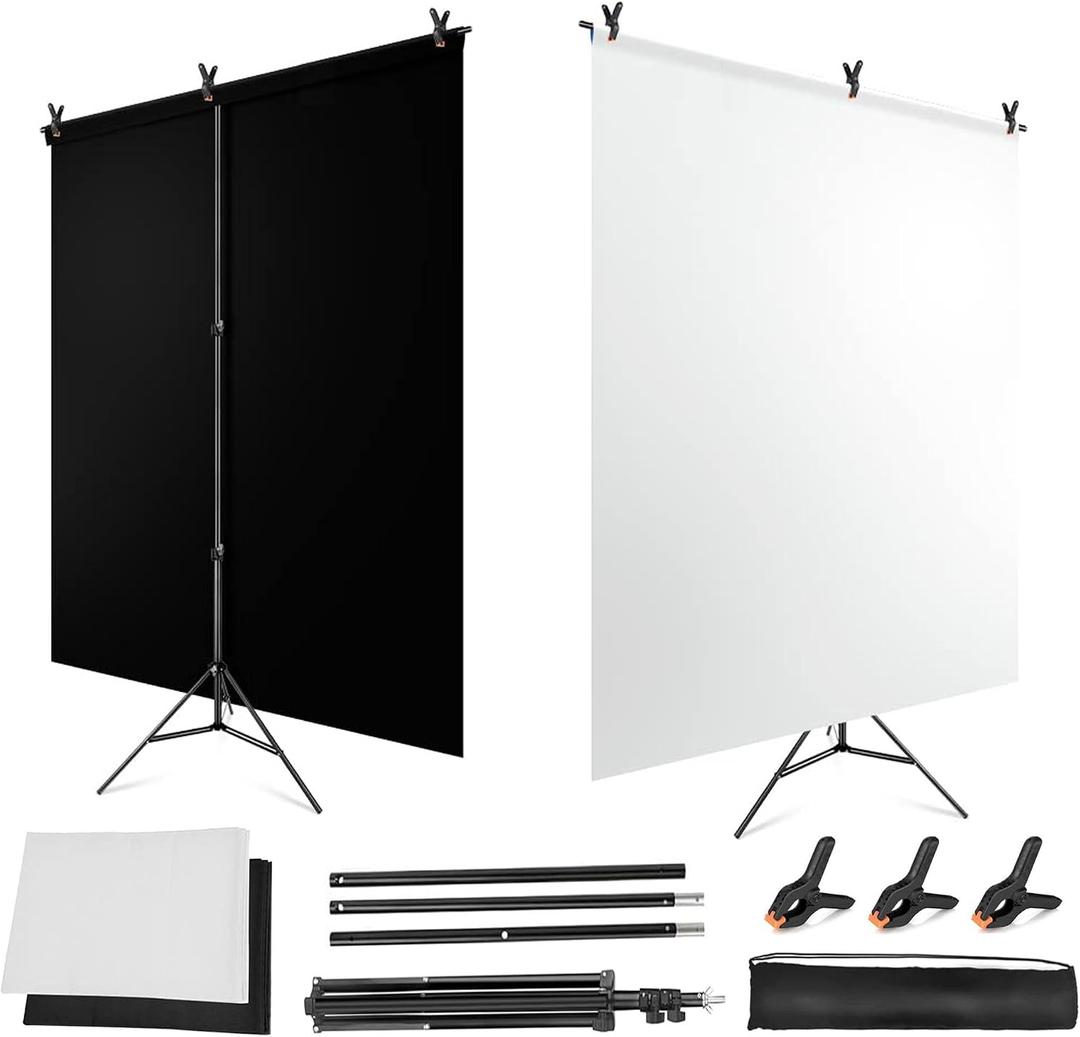 White Black Screen Backdrop with Stand Kit, 6.5x6.5ft T-Shape Background Support Stand with 6.5x6.5ft Black and White Chromakey Screen Backdrop for Streaming, Zoom, Photography