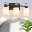 White Glass Bathroom Vanity Light Fixtures 3 Light Mid Century Black Vanity Light Over Mirror Modern Vanity Lights for Bathroom Mirror Hallway E26 Socket (Bulbs Not Included) (3-Lights)