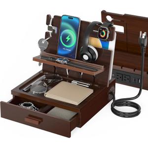 Nightstand Organizer with Charging Station, Wood Docking Station with USB Ports and Outlets, Gifts for Men, Bedside Holder with Drawer for Kindle,Phone,Key, Watch & Accessories (Stylish Brown)