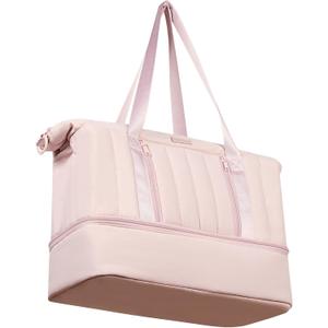 NISHEL Weekender Duffle Bag, Double-Layer Carry On Personal Item Overnight duffle bag, Large Capacity Travel Bag with Separate Shoe Compartment, Pink