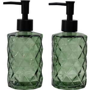 Green Glass Soap Dispenser with Black Plastic Pump, 12oz Refillable Liquid Hand Soap Dispenser, 2 Pack Crystal Lotion Bottle for Modern Home Decor, Bathroom, Kitchen Countertop, Hotel