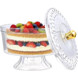 Trifle Bowl with Pedestal and Lid, Large Trifle Serving Dish, Vintage-Style Ribbed Dessert and Cake Stand, for Displaying Pastries, Layered Desserts, Fruits, Salad, Ideal for Parties