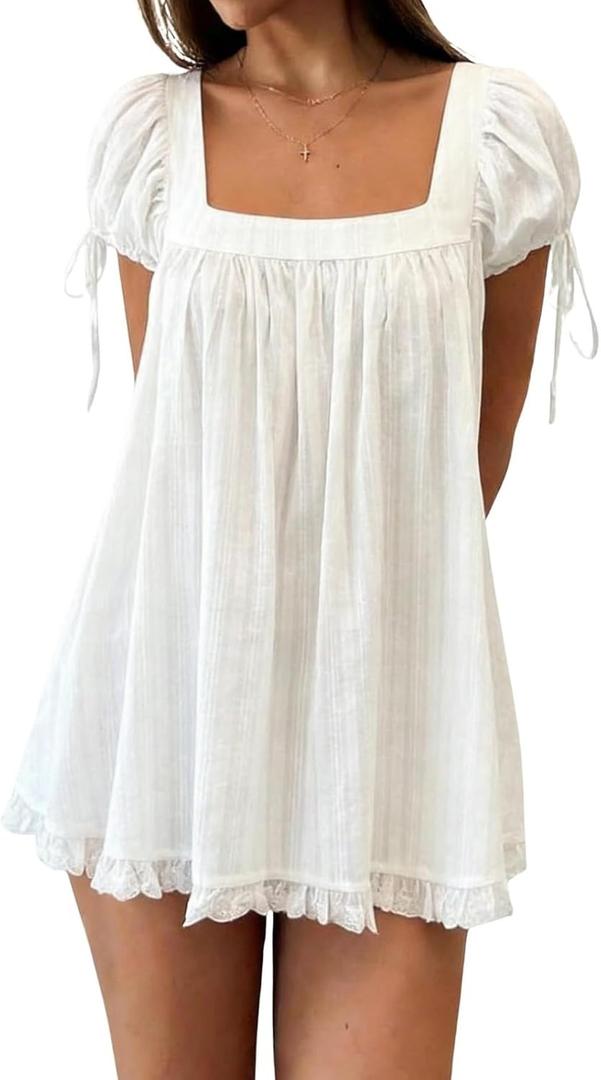 Women Square Neck Babydoll Mini Dress Y2k Puff Sleeve Flowy Short Dress Loose Bow Tie Ruffle Trim Going Out Sundress (White)