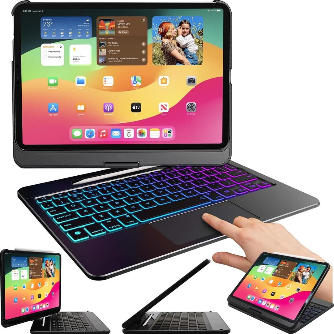 Snugg iPad Pro 12.9 Case with Keyboard (2022 6th Gen/2021 5th Gen) / iPad Air 13 Inch Case Keyboard - Backlit - 360 Degree Rotatable - Black