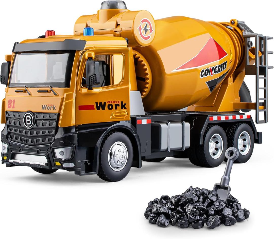 Cement Mixer Toy Truck Metal Cab, Big Construction Truck with Lights Sounds and Working Movable Parts, Friction Powered Construction Vehicles for Boys and Girls