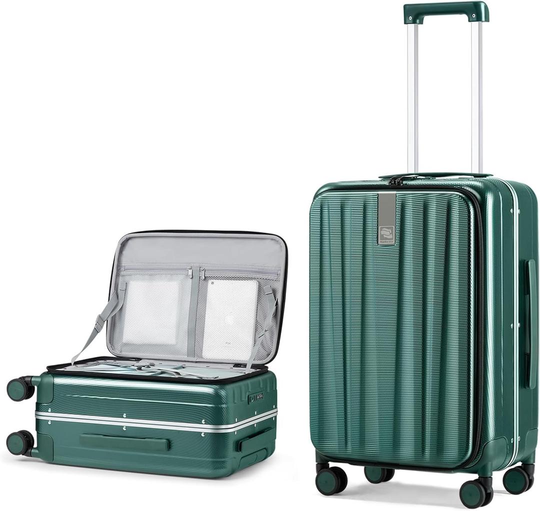 Hanke 24 Inch Checked Luggage Front Opening Rolling Suitcase Aluminum Frame PC hard sided luggage with spinner wheels for Travel Woman Men.(Dark Green)