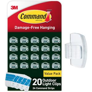 Command Outdoor Light Clips, 20 Clear Clips and 24 Strips, Damage Free Hanging Christmas Decorations with Weather Resistant Strips, Wall Clips for Hanging Outdoor Lights and Cable Management