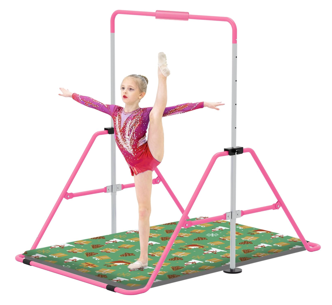 Jivifao Gymnastics Bar with Self-Inflating Mat for Kids, Adjustable Height Gymnastic Horizontal Bars with Mat, Folding Gymnastic Training Monkey Bars, Junior Expandable Training Kip Bar for Home