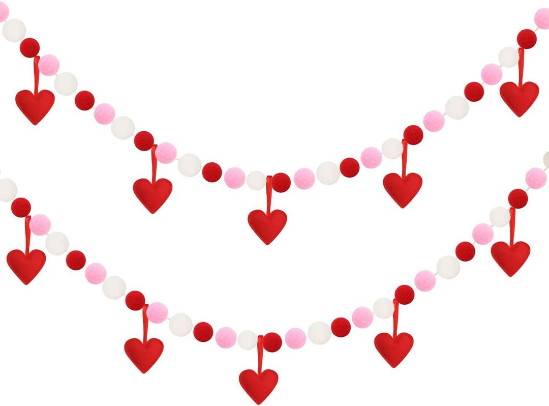 2pcs Valentines Day Decorations, 10ft Galentines Day Decoratins Red Pink White Pom Pom Garland Felt Red Heart Hangings Engagement Party Decorations for Mantle Fireplace Room Valentine Hanging Decor