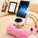 Tablet & Kindle Pillow Stand for Bed, Adjustable iPad Holder for Couch and Lap with 2 Snack Bowls, Cup Holder, 50 Disposable Liners and Washable Cover, Pink