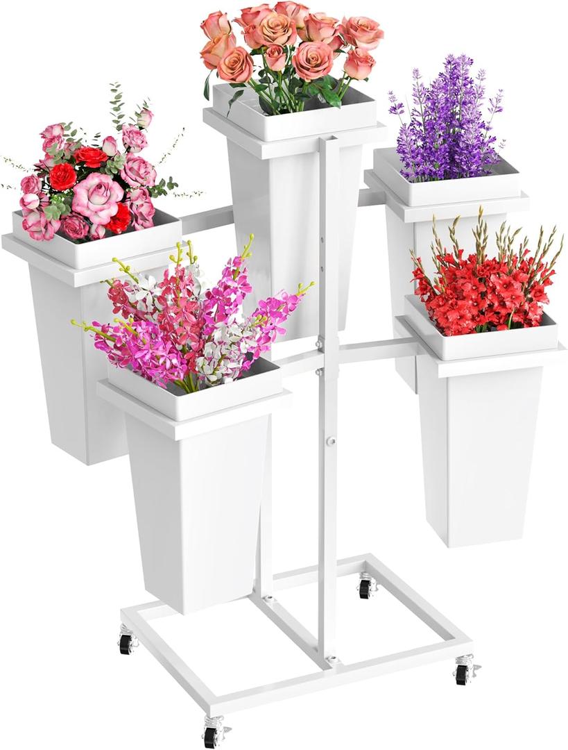 Asee'm Flower Display Stand with 5 Square Buckets Multi-tiered Metal White Flower Cart Stand with Wheels Moving Plant Stand Bar Shelf Flower Holder for Indoor Outdoor Patio Garden Florist Wedding (12.6''L x 16.5''W x 31.5''H)