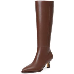 Modatope Knee High Boots Kitten Low Heel Faux Leather Pointed Toe Side Zipper Fall Long Tall Boots for Women (9.5, Brown Pu)