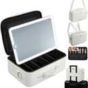 Faquenc Large Makeup Bag with LED Mirror,Travel Cosmetic Train Case for Makeup Artists,Makeup Organizer Case with Divider Rechargeable Vanity Mirror with 3 Color Lights for Barber,MUA,Nail Tech, Beige