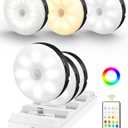 EZVALO Under Cabinet Lighting with Charging Station, 1000mAh Rechargeable Puck Lights with Remote, 3 Color Temps & 12 RGB Closet Lights, Dimmable Motion Sensor Lights for Shelf, Kitchen (6 Packs)