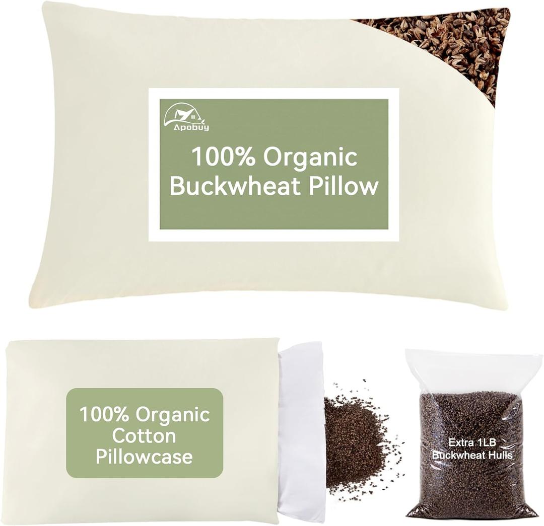 20x26 Large Organic Buckwheat Pillow with Dual-Layer Pillowcase and Extra Tartary Buckwheat Hulls, Adjust Height and Firmness, Neck Support Pillow for Back and Side Sleepers (Off-white)