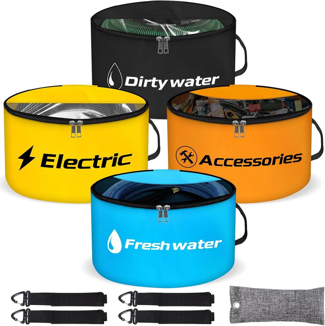 cyrico Rv Sewer Hose Storage, 4 Pack Waterproof Rv Storage and Organization with Dual Zipper Closing Visible Cover, Accessories Bag for Store Fresh Black Water Hoses, Electrical Cords, Camper Tools (Blue, Black, Orange, Yellow)