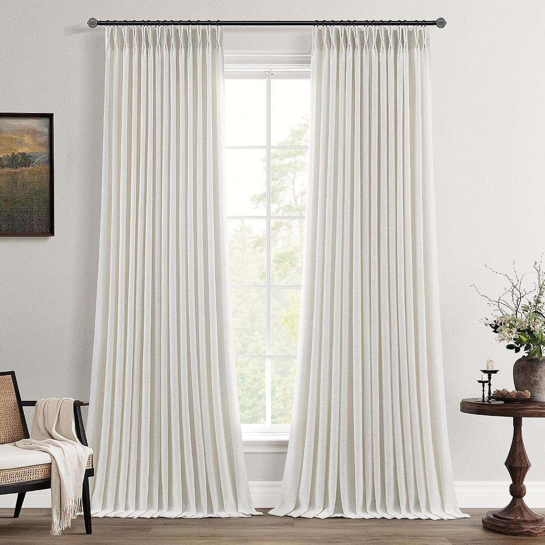 Pleated Linen Curtains 94 Inch Long 2 Panels Set for Living Room Light Filtering Pinch Pleat Curtains with Hooks Clips Rings Boho Farmhouse Custom Semi Sheer Natural Cream Birch Ivory Window Drapes, 40"W x 94"L