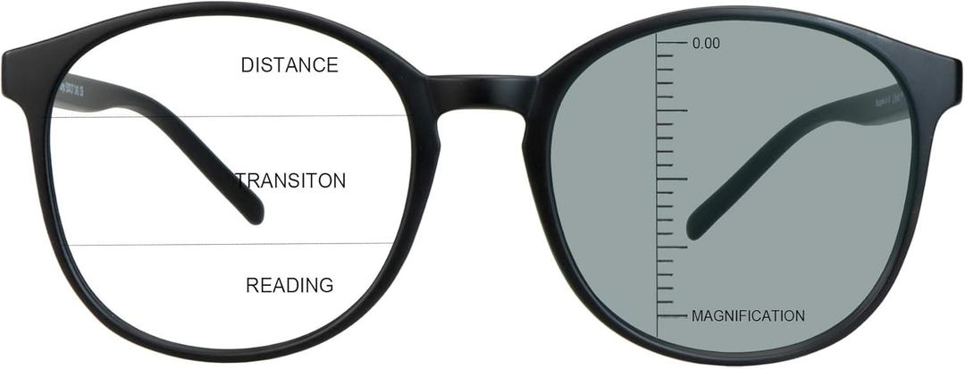 Vintage Round Progressive Multifocal Presbyopic Glasses, Photochromic Gray Sunglasses for Men Women Readers (+0.00/+1.25 Magnification) (Black)