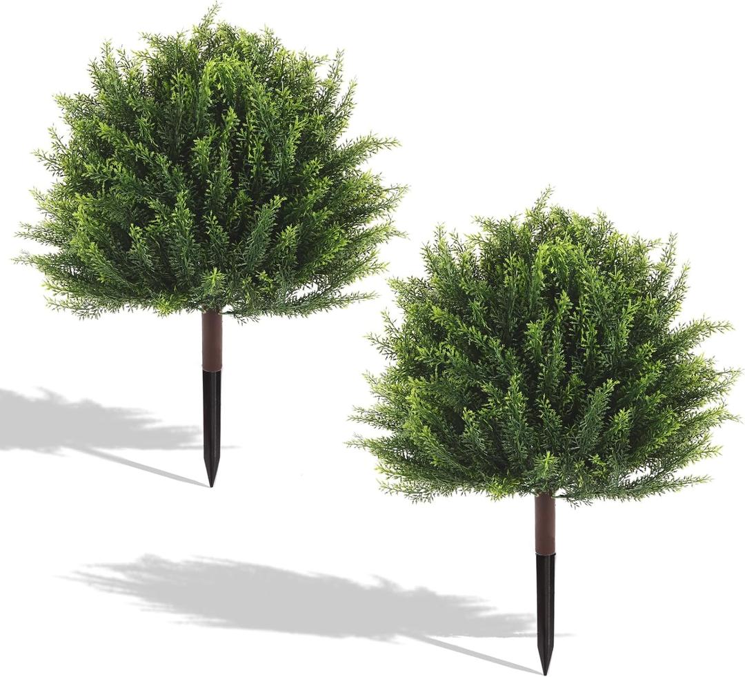 24" Artificial Plants Topiary Cedar Tree Outdoor, Set of 2 Faux Plants Outdoor UV Resistant Fake Shrubs for Front Porch Garden Decor with Ground Spike
