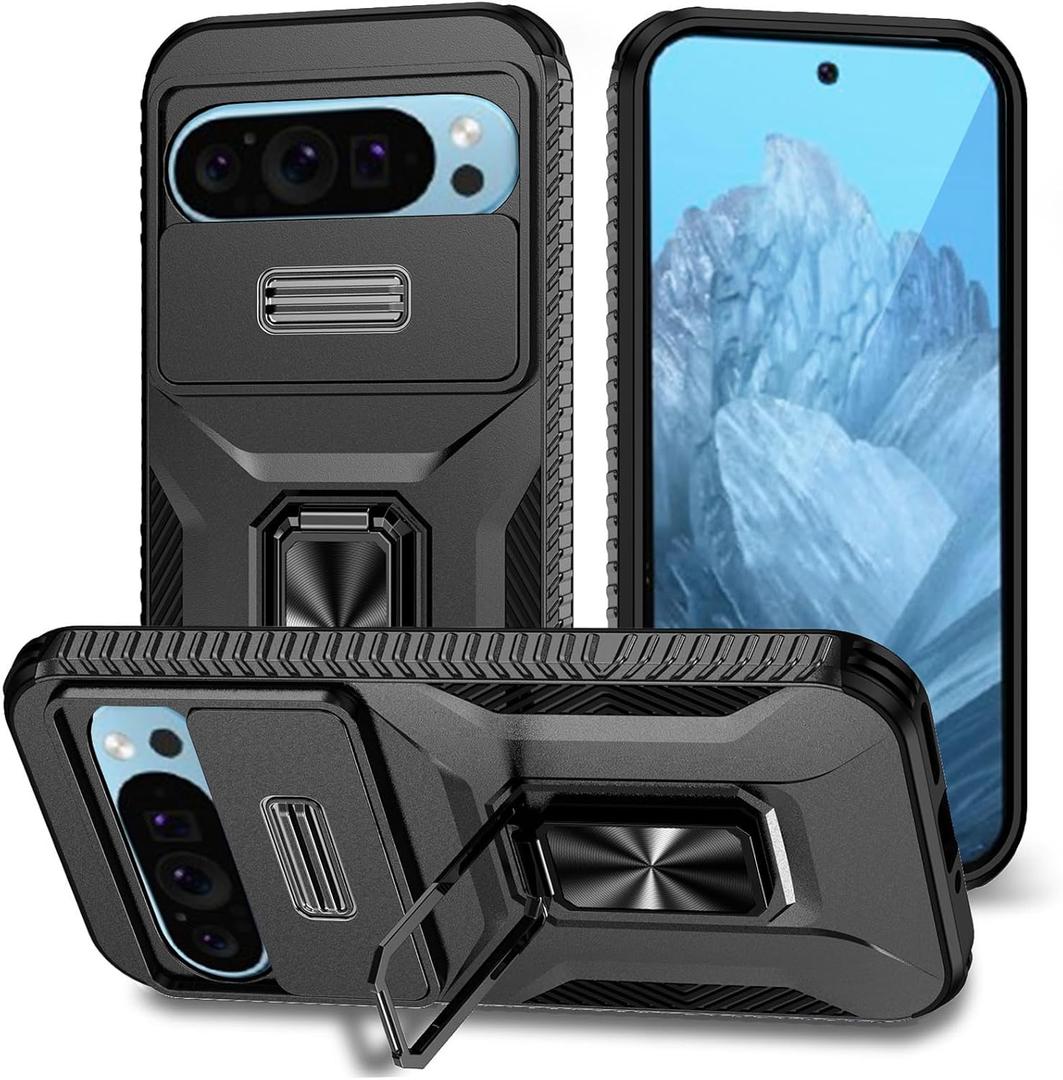 Magnetic for Google Pixel 9/9 Pro/10/10 Pro Case with Ring Stand, Rotatable Finger Holder with Slide Camera Cover, Works with Car Mount Kickstand Phone Case for Pixel 9/9 Pro/10/10 Pro Black