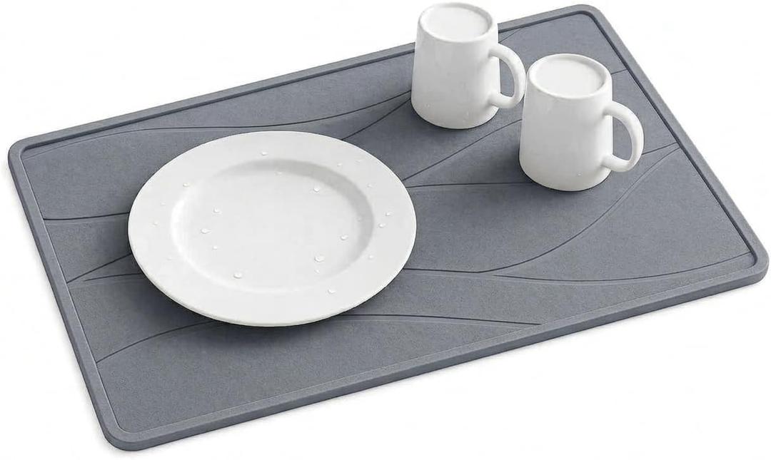 Large Stone Dish Drying Mat for Kitchen Counter, 24"×16", Quick Dry Diatomaceous Earth Mat, Non-Slip Drying Pad for Dishes Bottles Cups, Match Any Countertop (Grey)