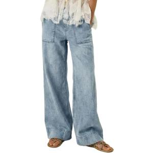 Women's Wide Leg Jeans Baggy Low Mid Rise Pull On Denim Pants Y2k | Trendy Boho Pants, Full Length, Elastic Waist, Soft, Loose Baggy, 100% Cotton, Oversized Pockets, Fashion Clothing (Blue, XS)