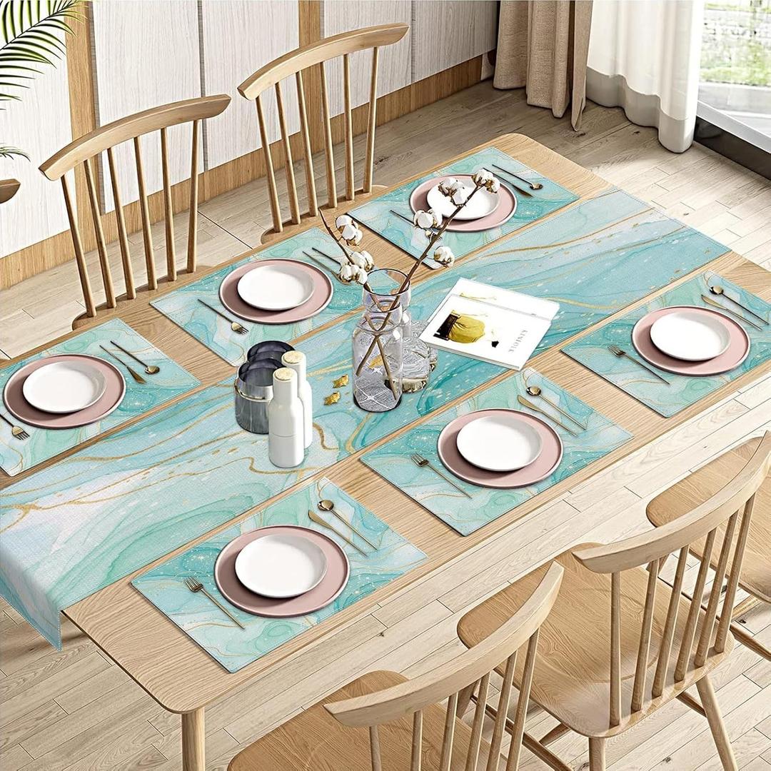 Emvency Marble Teal Mint GreenTable Runner and Placemats Set of 6,Turquoise Gold Abstract Painting Art Dining Decor for Daily Use(1 Table Runner 72 inches Long and 6 Placemats)