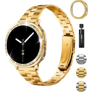 Metal Band and Bling Case Compatible with Samsung Galaxy Watch 8 Bands 40mm, Elegant Tapered Stainless Steel Chain Link Bracelet Strap with Sparkling PC Protective Cover for Samsung Watch 8 40mm Women (Gold)