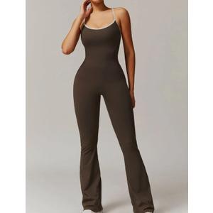 OQQ Women Jumpsuits Sleeveless Square Neck Stretch Contrast Workout Active Flared Bottoms Tank Jumpsuit Darkbrown