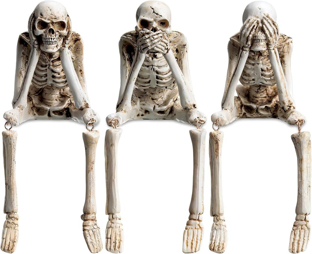 Thyle Set of 3 Halloween Statues See Speak Hear No Evil Skeleton Figurines Realistic Skull Decorations for Home Haunted House Halloween Party Decor Favors Shelf Accessories (Bone White)