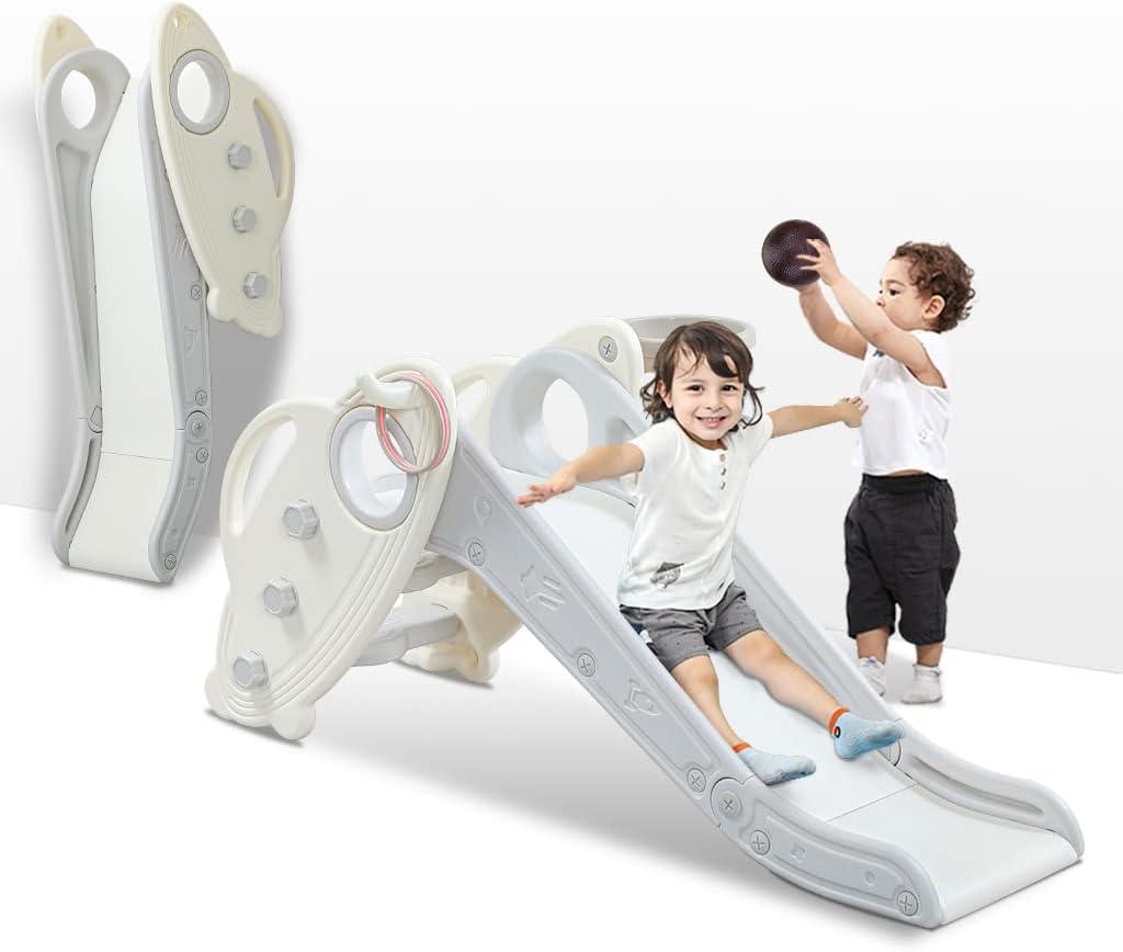 Onasti Kids Slide for Toddlers Age 1-3 Indoor Baby Plastic Slide Outdoor Climber Freestanding Playset with Basketball Hoop & Ring Game Grey (Light Grey)