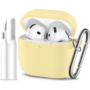 for Airpods 4th Generation Case Cover(2024),Soft Silicone Full Protective Case for AirPods 4 Case with Keychain & Cleaner Kit,Compatible with Apple Airpods 4 for Women,Men Cream Yellow