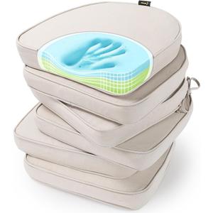 SUNROX Gel Memory Foam Chair Cushions, FadeShield Water-, Stain-Resistant Durable Reversible Seat Cushion Pads with Ties for Indoor/Outdoor Kitchen Dining Office 17"x16" Set of 6, Cream