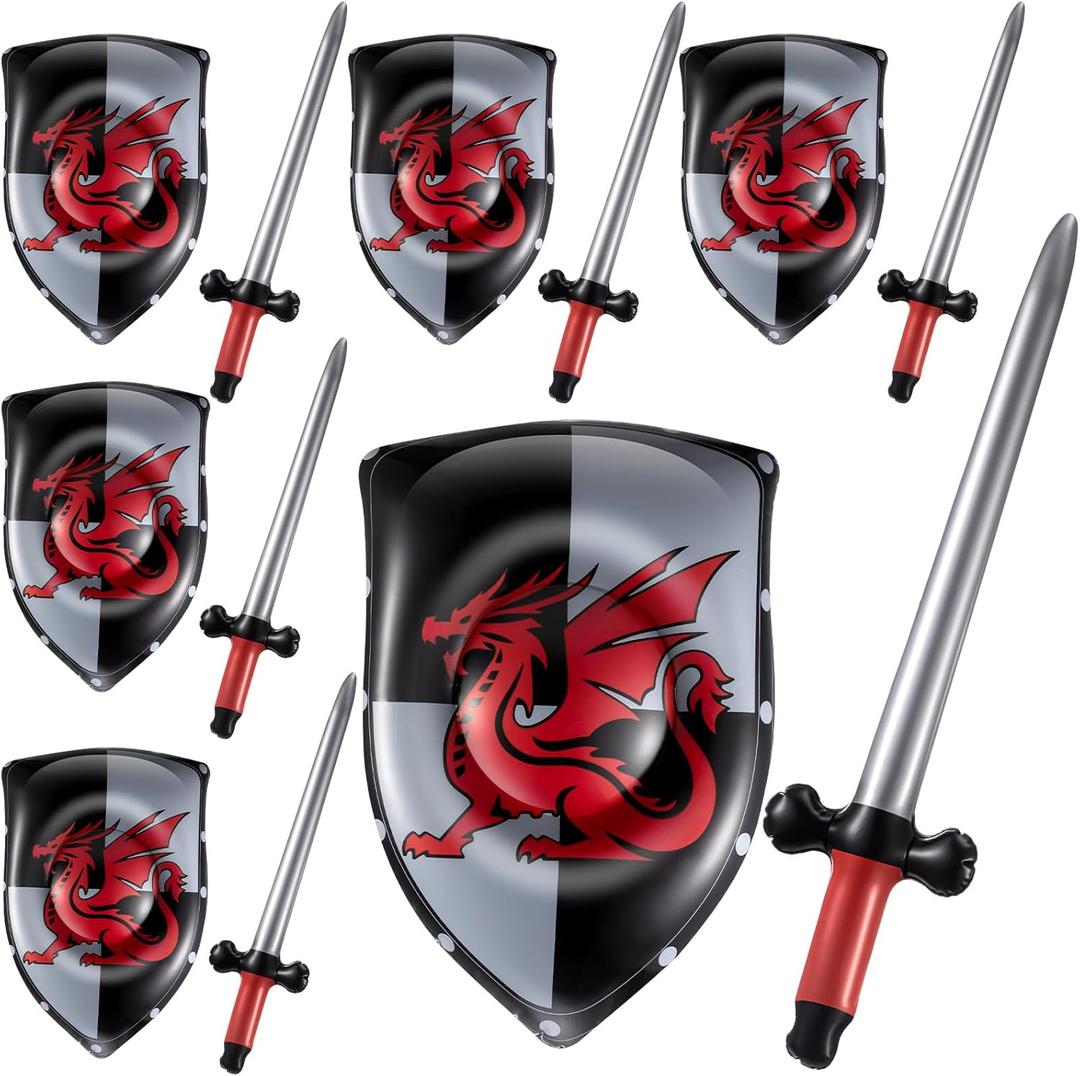Poen 12 Pcs Inflatable Sword and Shield Knight Party Favors Set Blow up Medieval Sword Shield for Prince Party Favors Decorations Cosplay Accessories (Dragon)