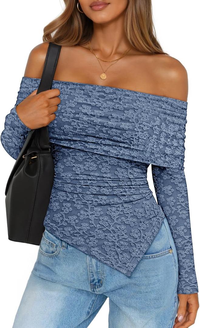 ZESICA Women's Fall Floral Off Shoulder Tops 2025 Mesh Long Sleeve Shirts Asymmetrical Ruched Tee Blouses Trendy Outfits (White, M)