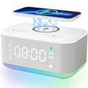 Alarm Clock Speaker Wireless Charger, Digital Alarm Clocks Bedrooms Bluetooth, Alarm Clock Dimmable Light Bedrooms Dual Alarm Snooze Dimmer 12 24H RGB Night Light Bluetooth USB AUX, Grey