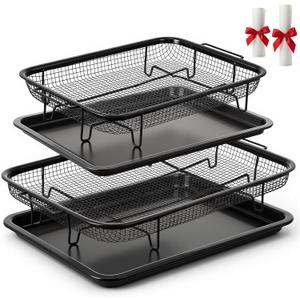 Ceenna Air Fryer Basket for Oven, 2 Set Air Fryer Basket and Tray Set with 60 Sheets Parchment Papers Stainless Steel Nonstick Pan and Crisper Tray Black Large 15“×11” & Medium12.8"×9.6"