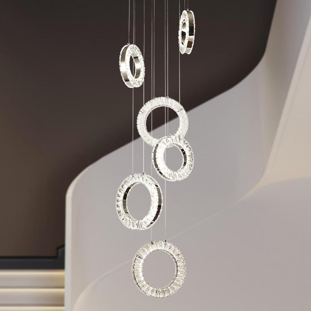 6 Lights High Ceiling Staircase Chandelier, Chrome Ring Crystal Chandelier Foyer Lighting Fixture, Dimmable LED Modern Long Hanging Light with Remote for Living Room, 99W