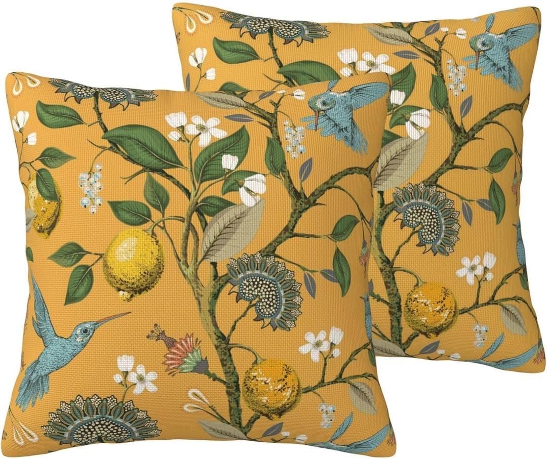 Mustard Yellow Floral Pillow Covers 18x18 Set of 2 Hummingbirds Throw Pillowcases Lemons Square Cushion Case for Couch Bed Sofa Chair Outdoor Home Decor