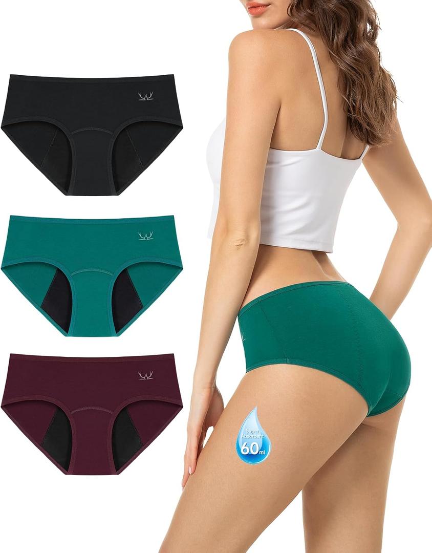 TANSTC Period Underwear for Women Heavy Flow Leakproof Menstrual Panties Postpartum Hipster Briefs 3 Pack (Medium, Black/Darkgreen/Winered)