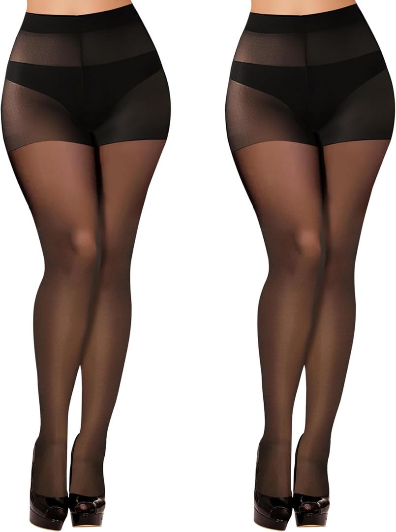 Buauty 2 Pairs Sheer Black Tights for Women -20D High Waist women's Pantyhose,Plus Size Nylon Stockings (X-Large)