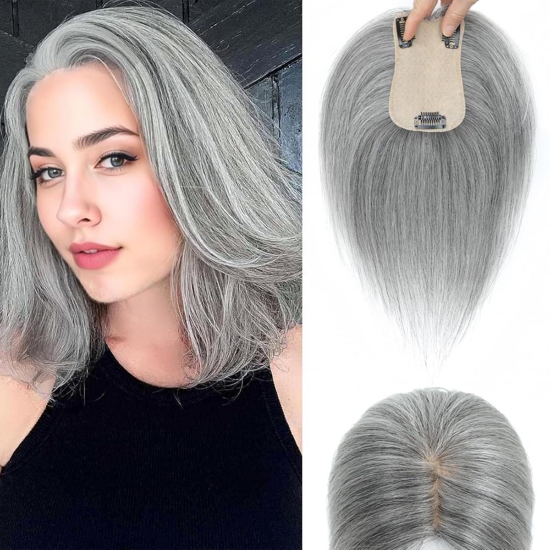 Hair Toppers for Women Real Human Hair, 360 Cover Middle Part Human Hair Toppers for Women with Thinning Realistic Scalp Line Upgrade Basement Toppers Hair Pieces (Gray, Side Bangs)