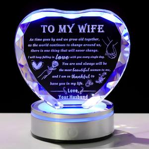 Qianwei Romantic Gifts for Wife from Husband with Colorful Led Base Wife Gifts from Husband Heart Crystal Unique Gifts for Wife Anniversary Birthaday Christmas Gifts Valentine's Day for Wife
