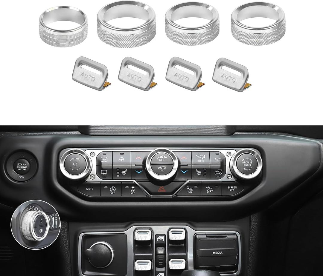 JeCar JL Switch Button Covers Window Control Air Conditioner Headlight Volume Radio Knob Trims Interior Accessories Compatible with Jeep Wrangler JL JLU 2018-2026 & Gladiator JT 2020-2026, Silver