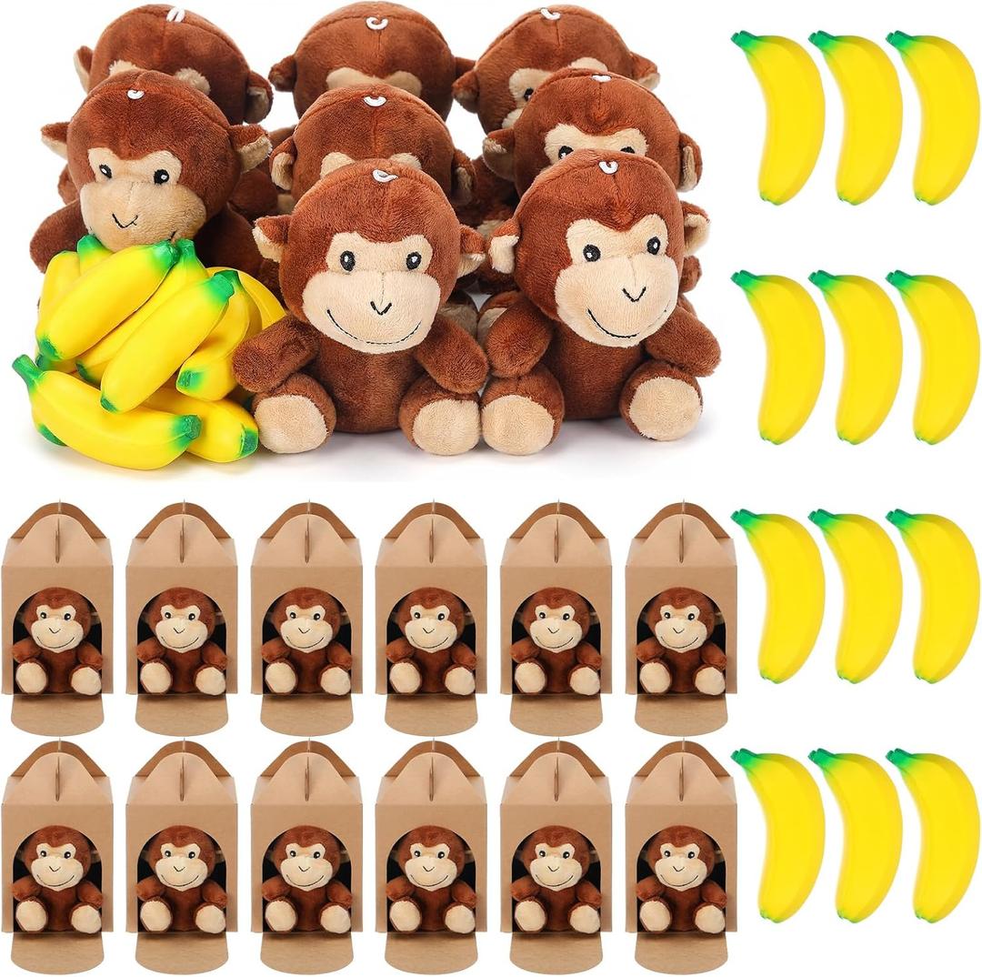 48 Pcs Adopt a Curious Monkey Plush Party Supplies Includes 12 Mini Monkeys, 12 Bananas, 12 Kraft Paper Boxes, 12 Thanks Stickers for Adopt a Pet Theme Birthday Party Favors