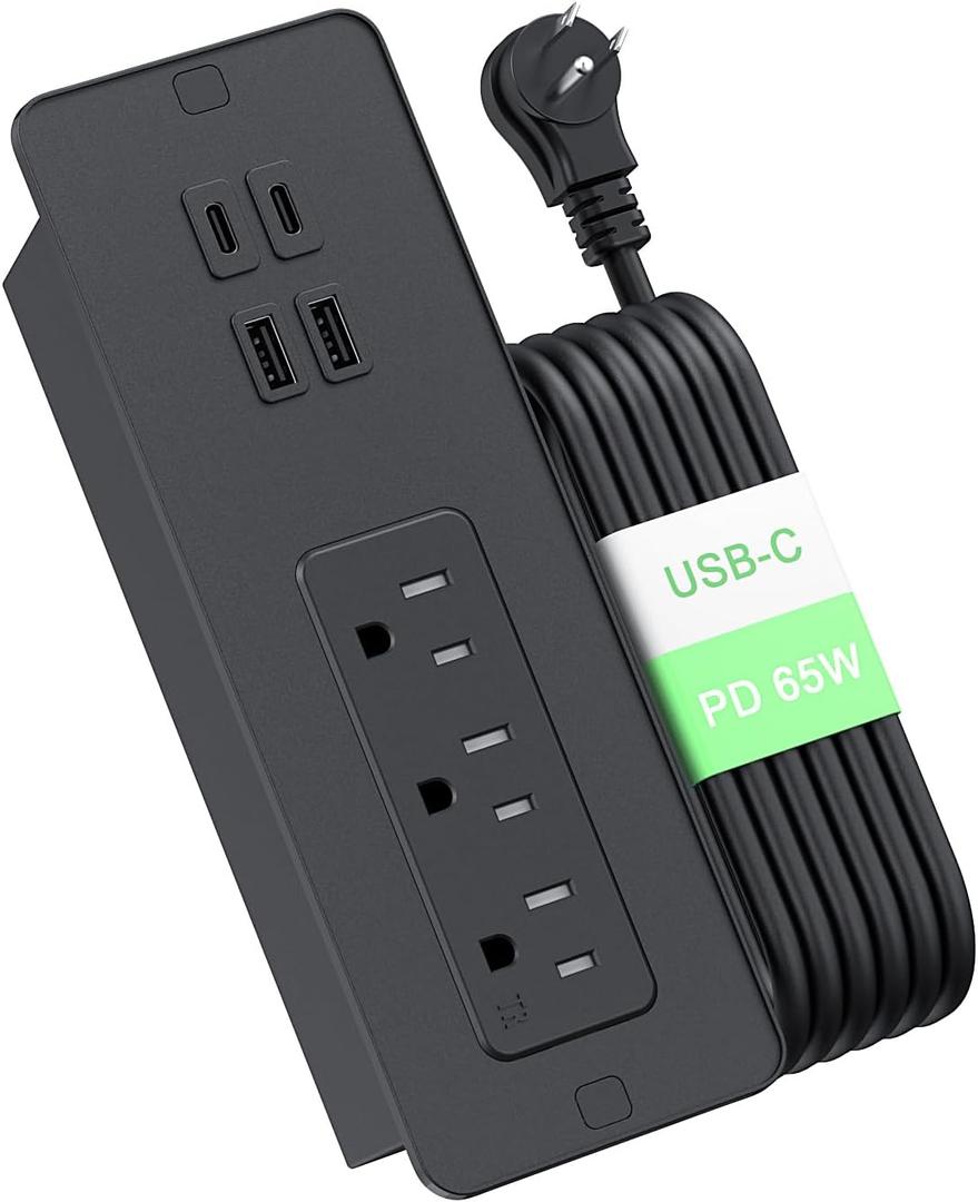 Drawer Outlet with PD 65W USB C, Recessed Power Strip with 3 Outlets 4 USB Ports, Recessed Outlet with 2M Flat Plug Cable for Side Table Sofa Table, Black